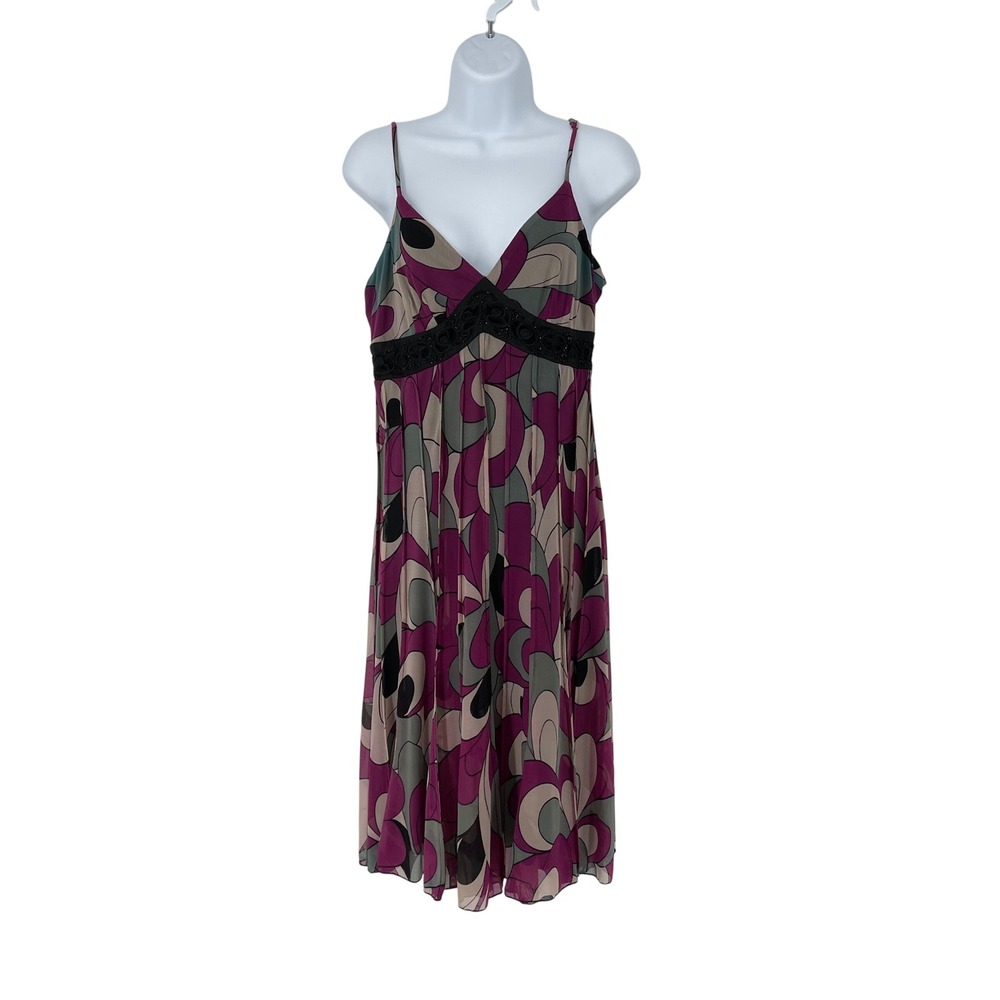 Vintage Babydoll Purple Abstract Sheer Overlay Dress Black Lace Trim Size 4 Y2K